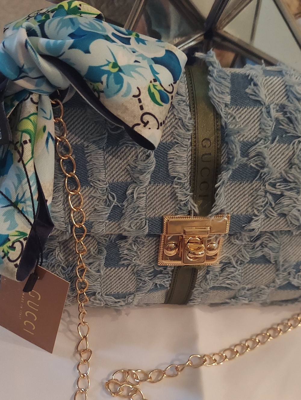 Gucci 100% Silk Twilly And Denim Upcyled Shoulder Bag